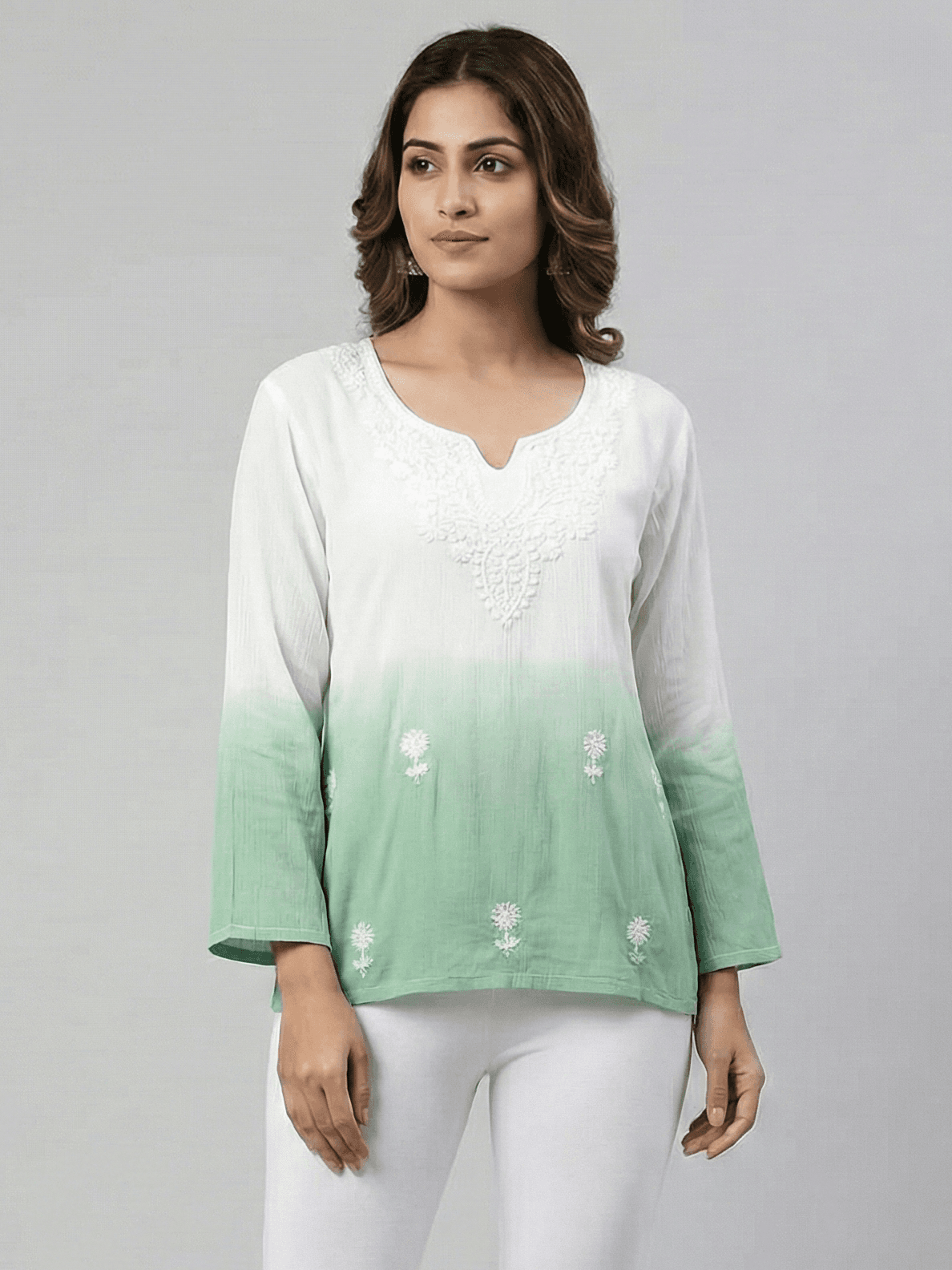 Elegant Ombre breathable cotton Tunic with Delicate Embroidery