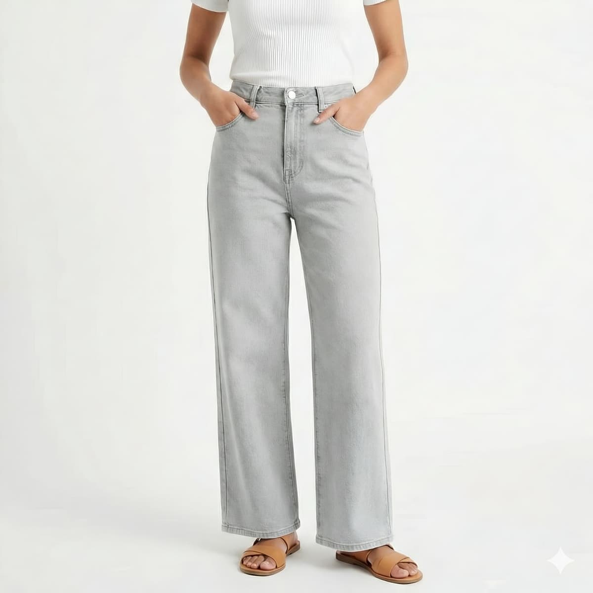 Elegant Grey Denim Wide Leg Pants - Modern Comfort and Style - View 1