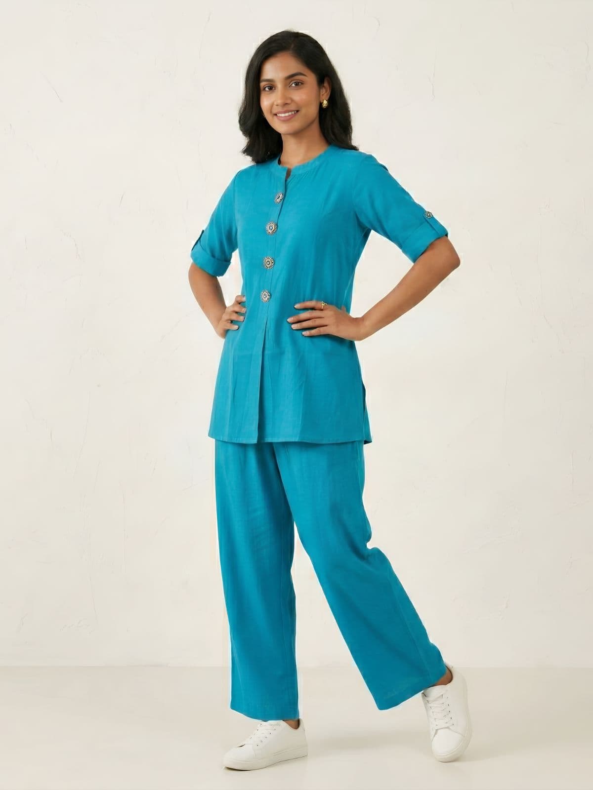 Elegant Blue Cotton Co-ord Set with Exquisite Button Details - View 1