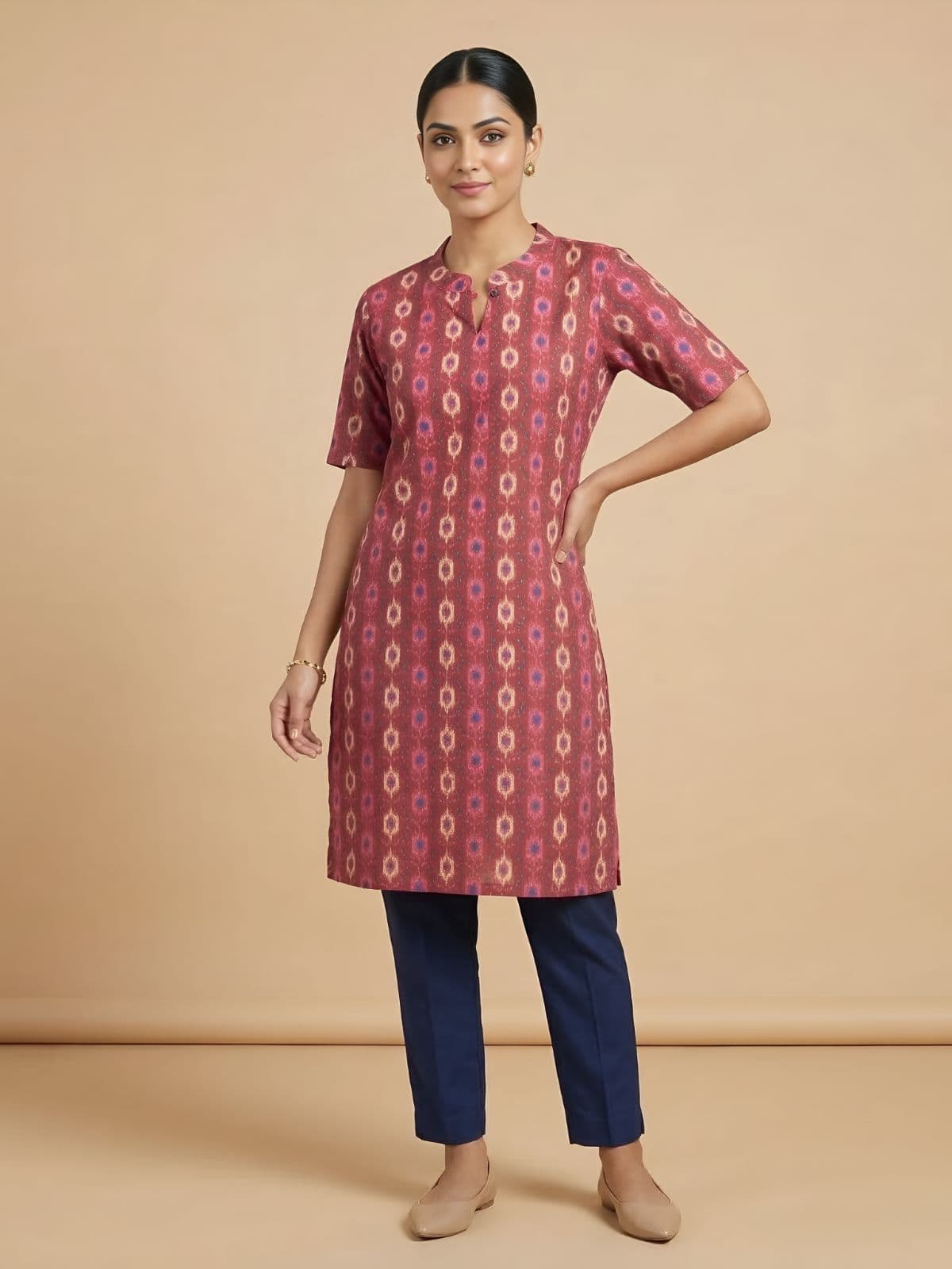 Elegant Maroon Cotton Kurti with Geometric Print and Mandarin Collar
