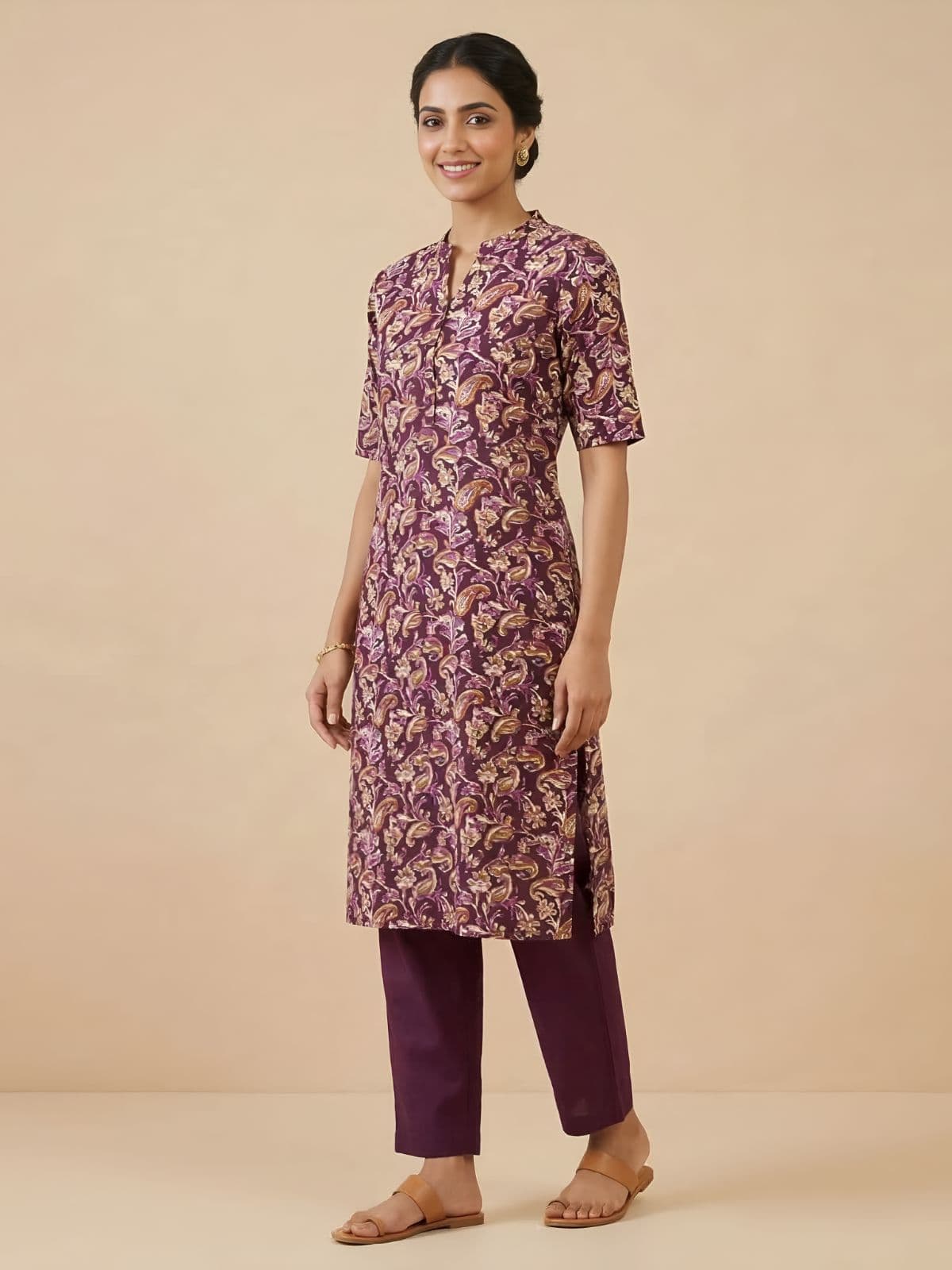 Elegant Plum Cotton Kurti with Paisley Floral Print - View 1