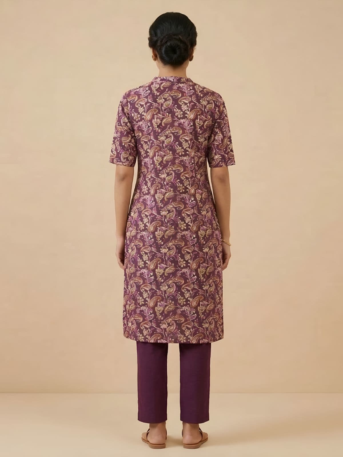 Elegant Plum Cotton Kurti with Paisley Floral Print - View 2