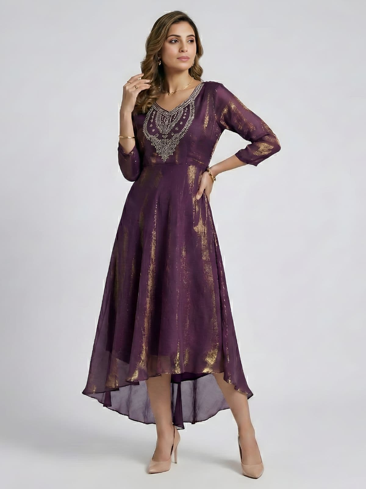 Exquisite Purple Organza Dress with Zari Embroidery and High-Low Hemline