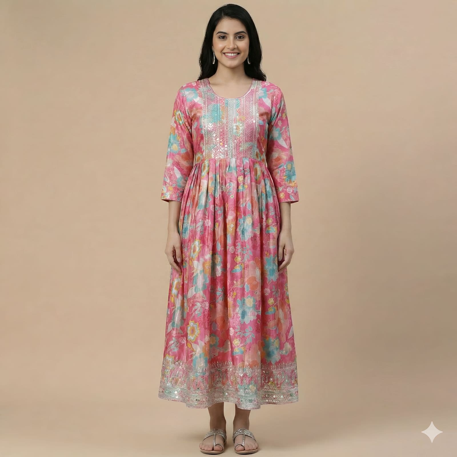 Elegant Pink Floral Print Muslin Anarkali Kurti with Mirror Work