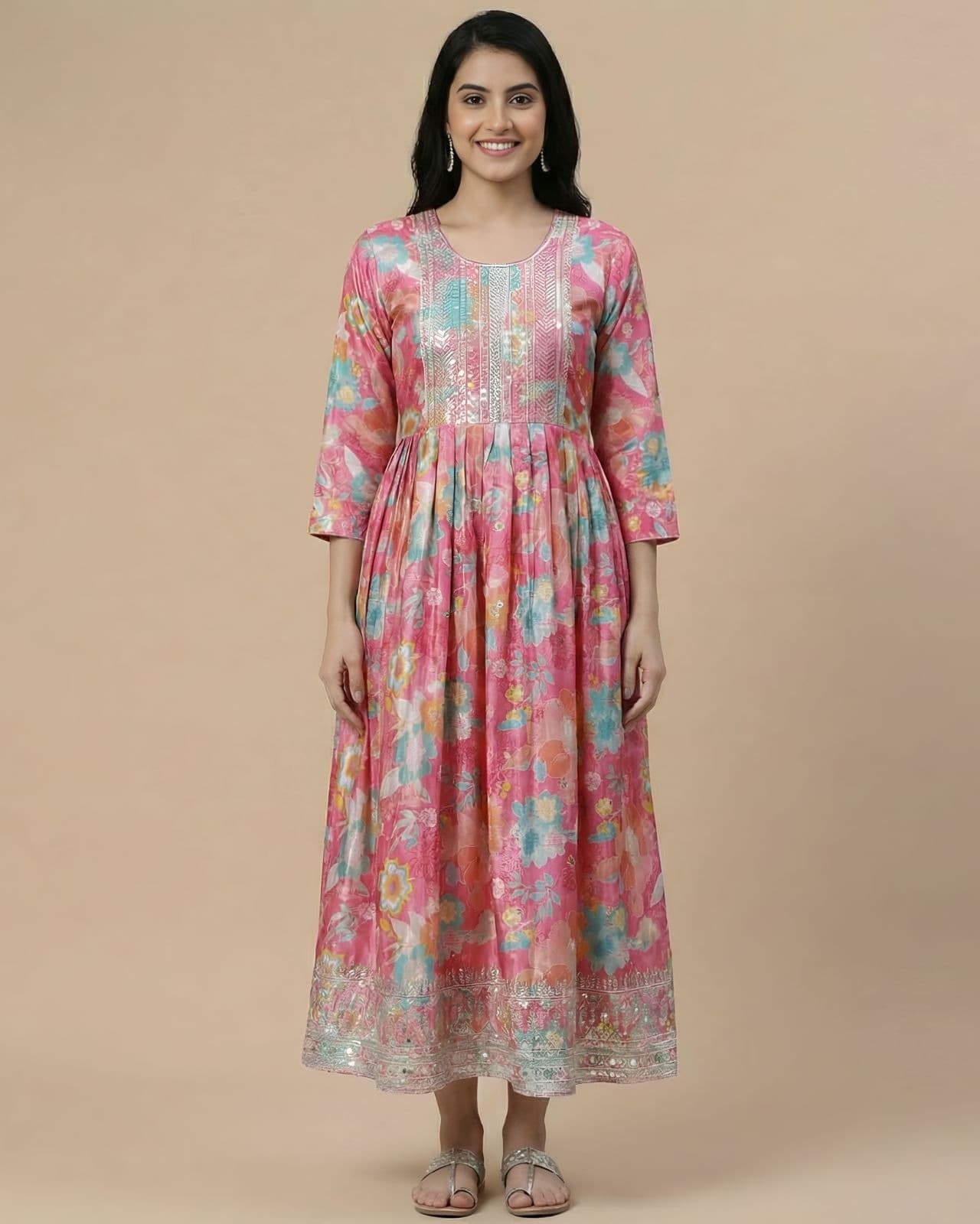 Elegant Pink Floral Print Muslin Anarkali Kurti with Mirror Work