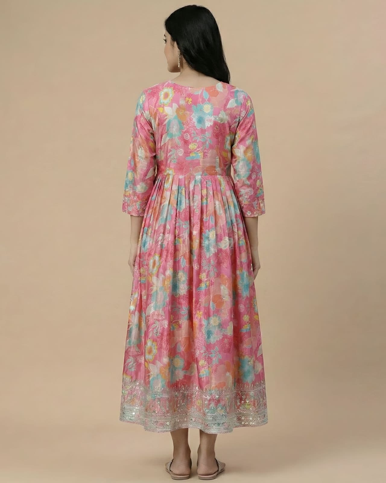 Elegant Pink Floral Print Muslin Anarkali Kurti with Mirror Work - View 2